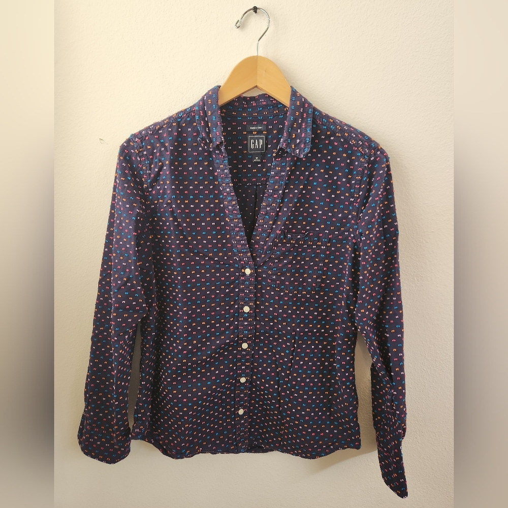 GAP Women's Perfect Shirt Long Sleeve Button-down Navy Multicolor Split Dots Med